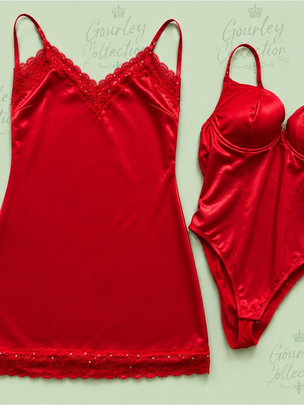 Luxe Red Satin lingerie set with faux leather